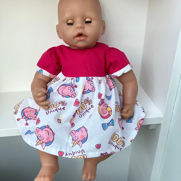 Pink Peppa Pig fabric summer dress for Baby Annabelle soft bodied doll