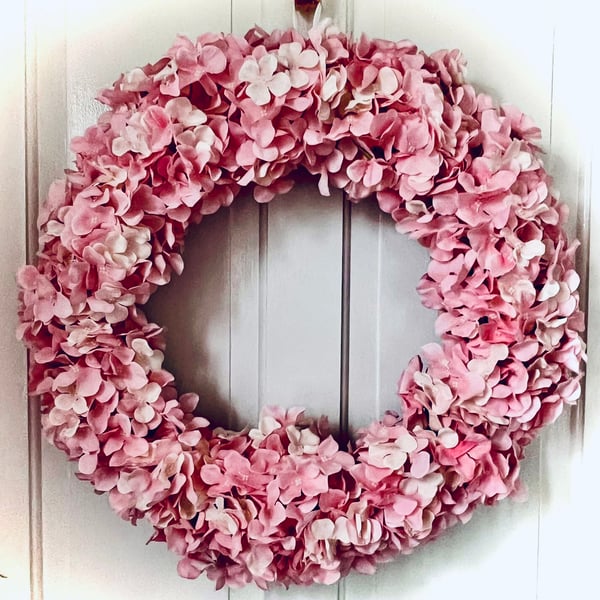 Pretty handmade tound shape grapevine wreath artificial pink hydrangeas 48cm 