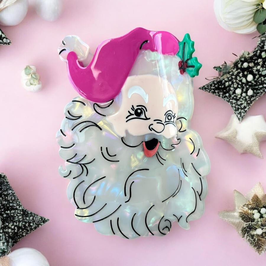 Christmas Retro Pink Santa - Hair Clip Claw - Christmas, Stocking filler
