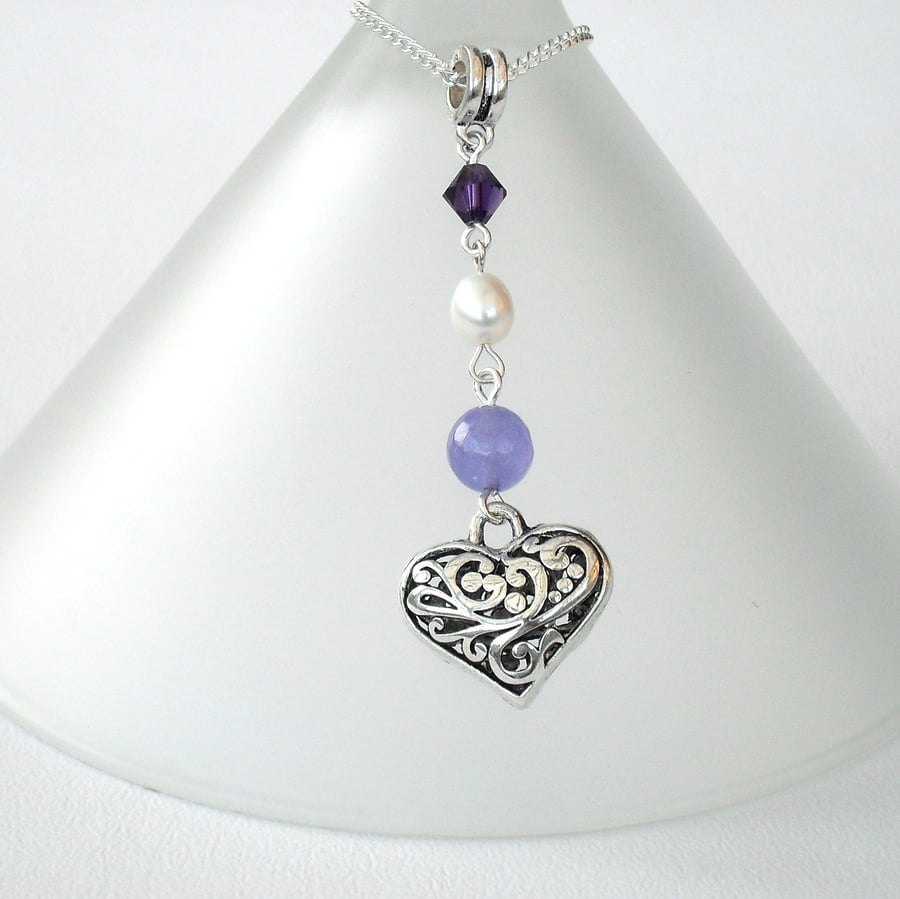 Pearl & tibetan silver heart charm necklace with purple Swarovski® elements