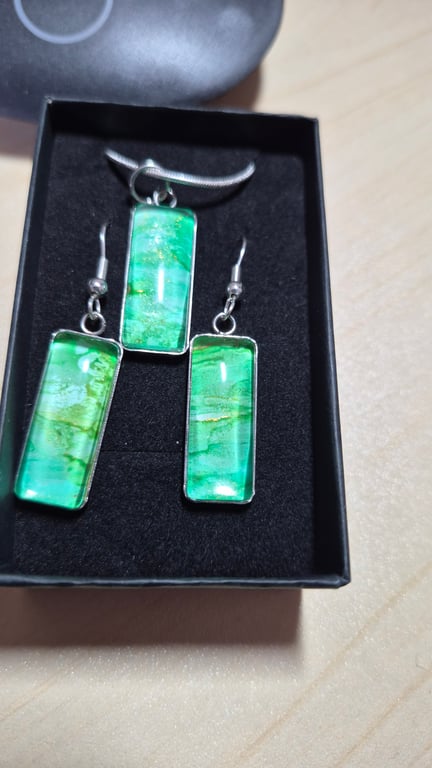 Green and gold and blue alcohol ink pendant and earrings