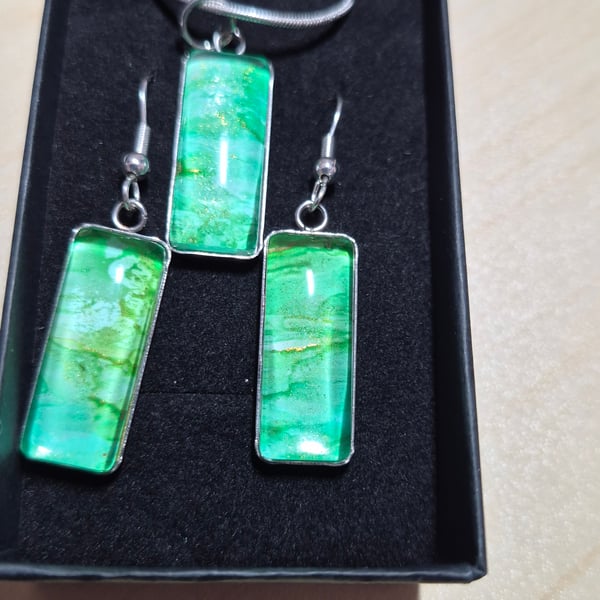 Green and gold and blue alcohol ink pendant and earrings