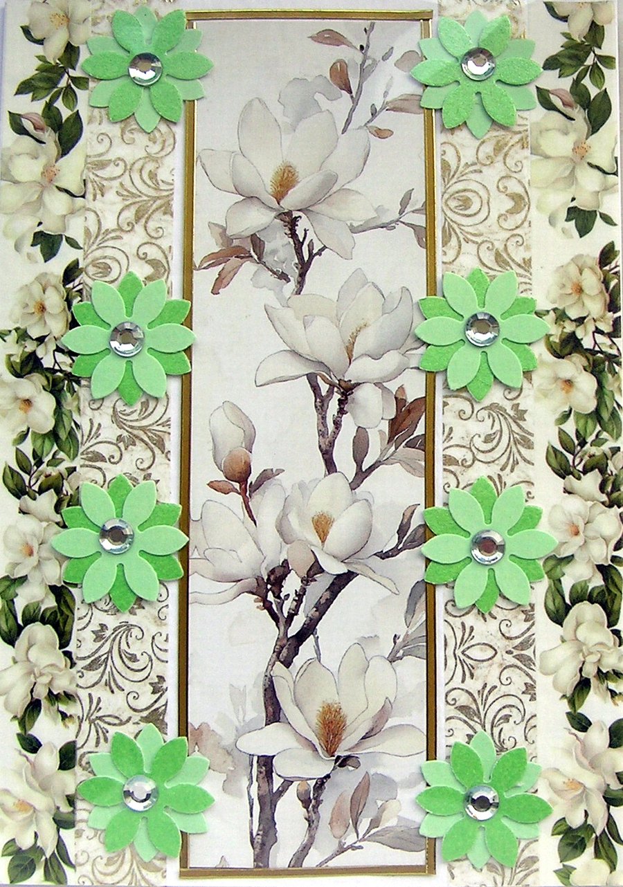 White Magnolia Flowers Hand Crafted Decoupage Greeting Card - Blank 3252
