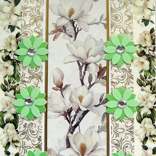 White Magnolia Flowers Hand Crafted Decoupage Greeting Card - Blank 3252