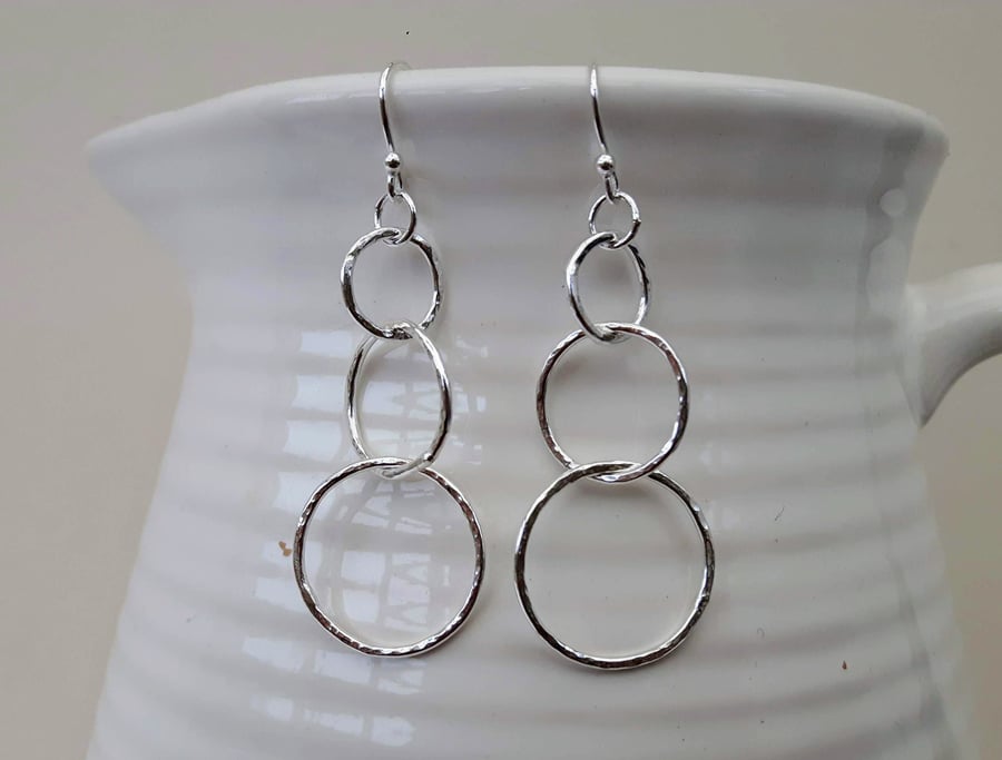 Three Hoop Dangle Drop Earrings in Sterling Silver 