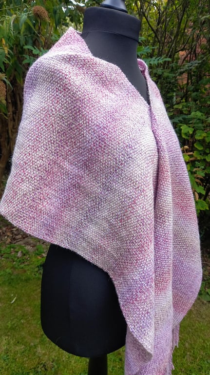 Handwoven Wool Blend Scarf, Pink Plainweave Shawl