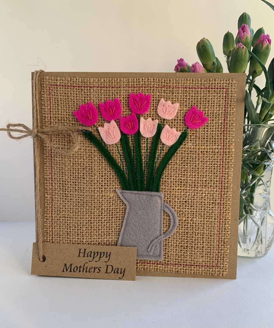 Handmade Mother’s Day Card. Fuchsia and pale pink flowers from wool felt. 