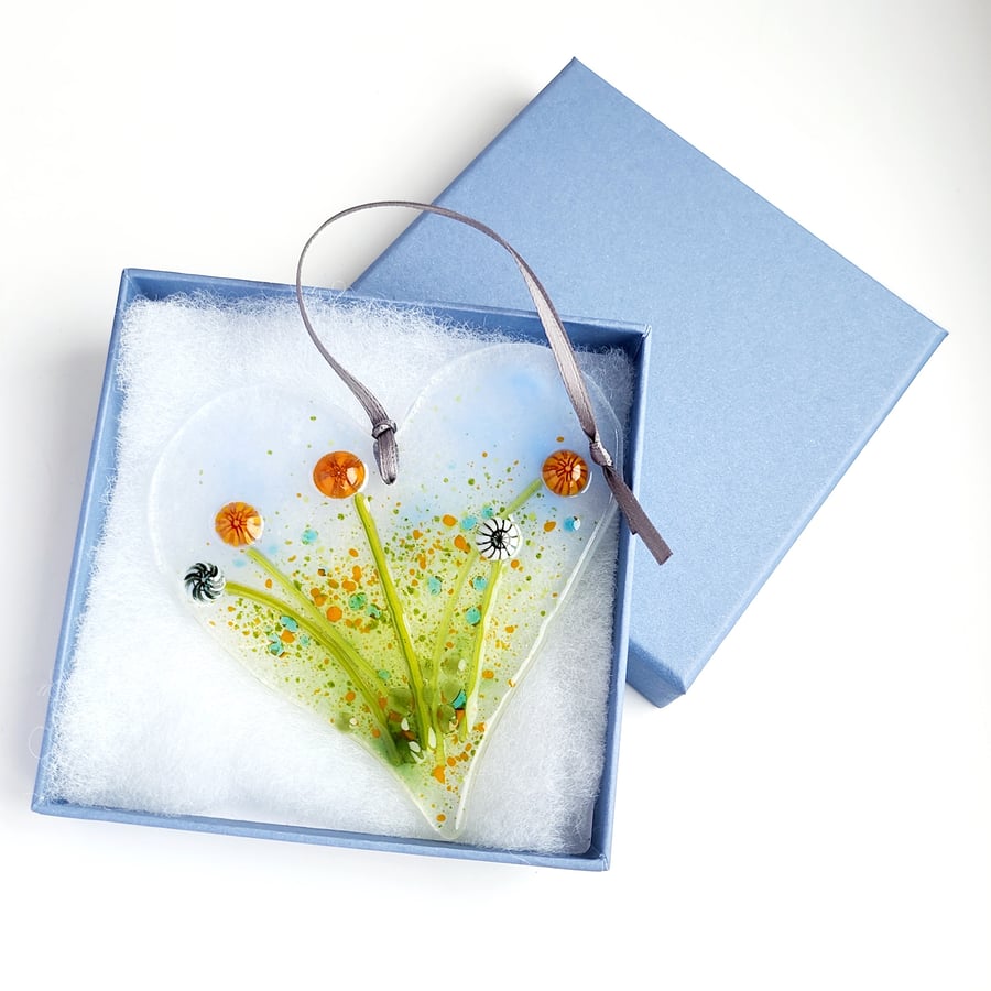 Fused Glass Floral Heart Suncatcher, Letterbox Gift