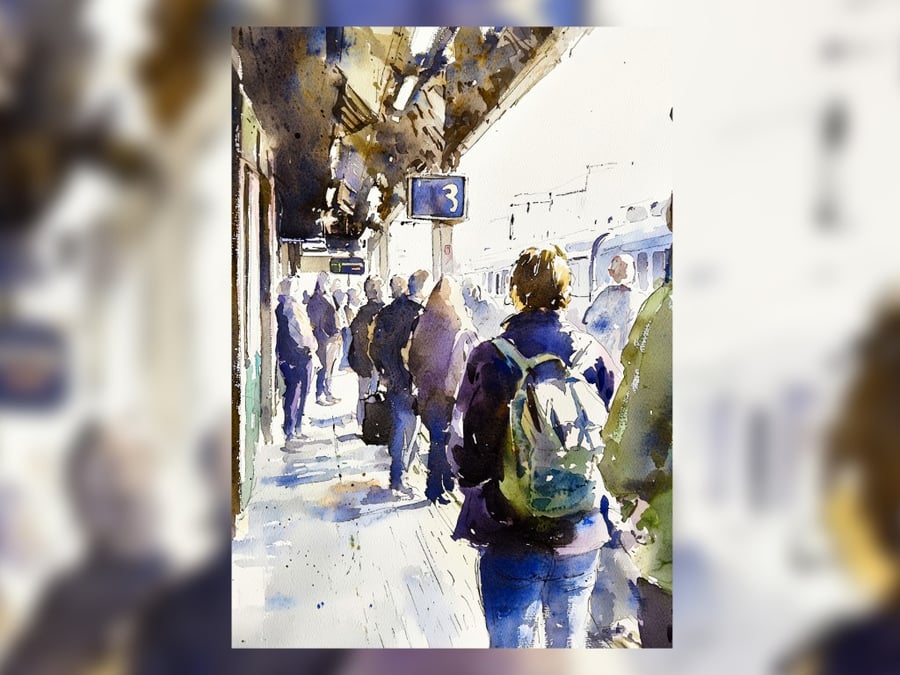 Busy Train Station, Crowded Urban Commute Watercolor Art 5"x7" on Matte Paper