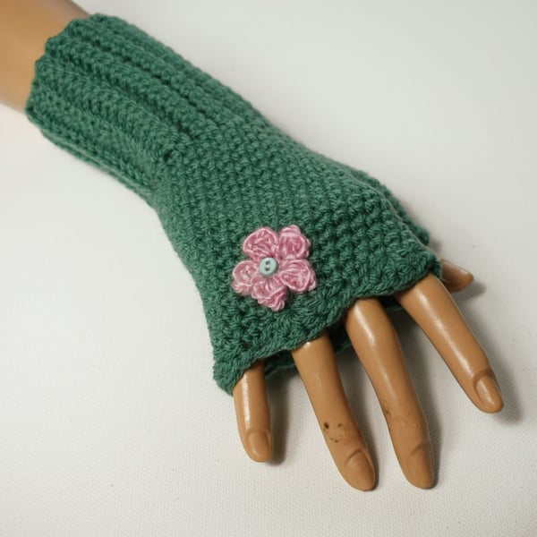 Green Fingerless Gloves with Flower