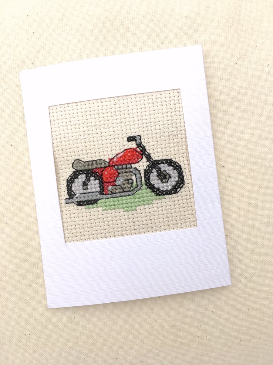 Motorbike Birthday. Father's Day. Blank Cross Stitch Card