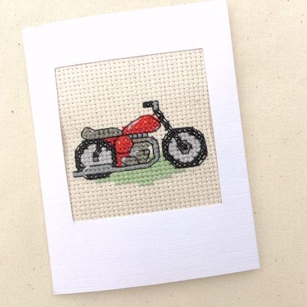Motorbike Birthday. Father's Day. Blank Cross Stitch Card