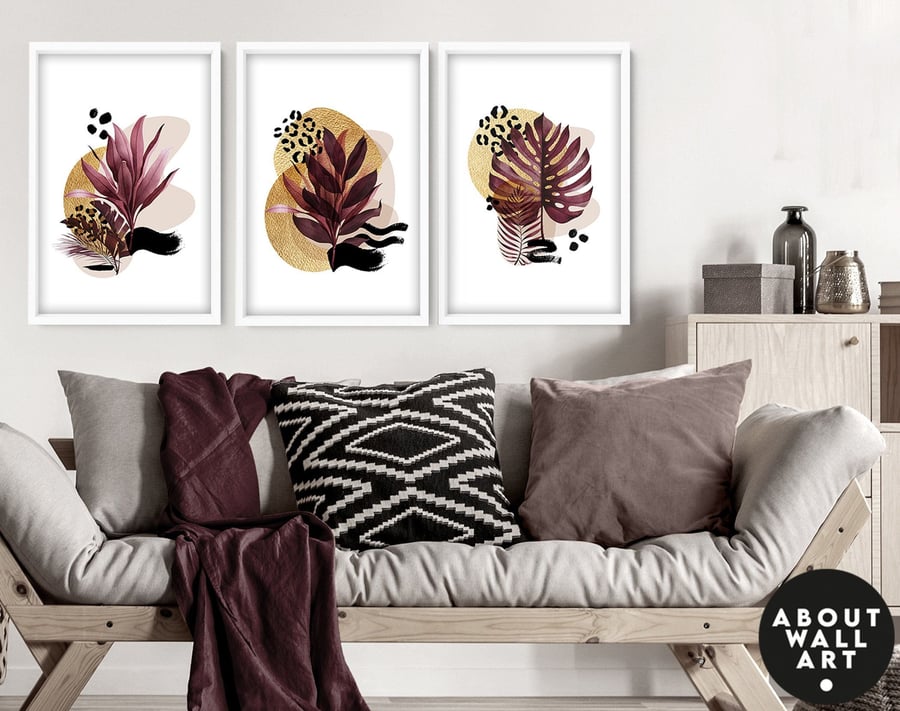 Wall decor living room set of 3 Tropical decor wall art prints, Glam Decor Home,
