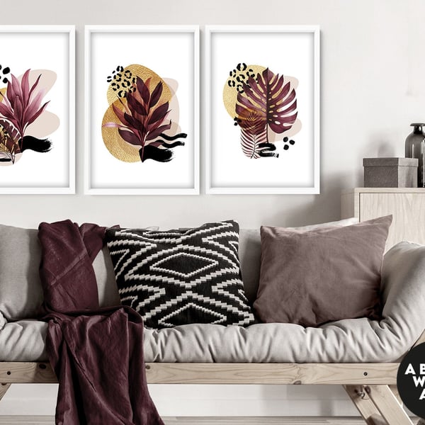 Wall decor living room set of 3 Tropical decor wall art prints, Glam Decor Home,