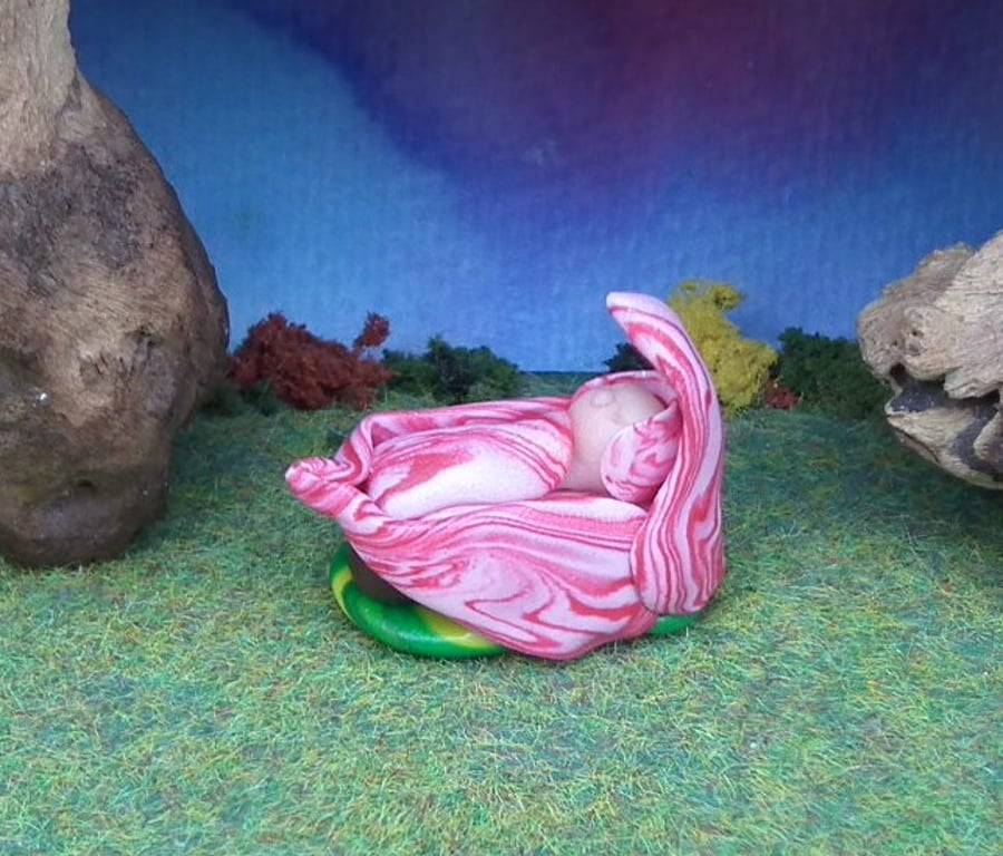 Baby Gnome in a petal crib 'Dill' OOAK Sculpt by Ann Galvin