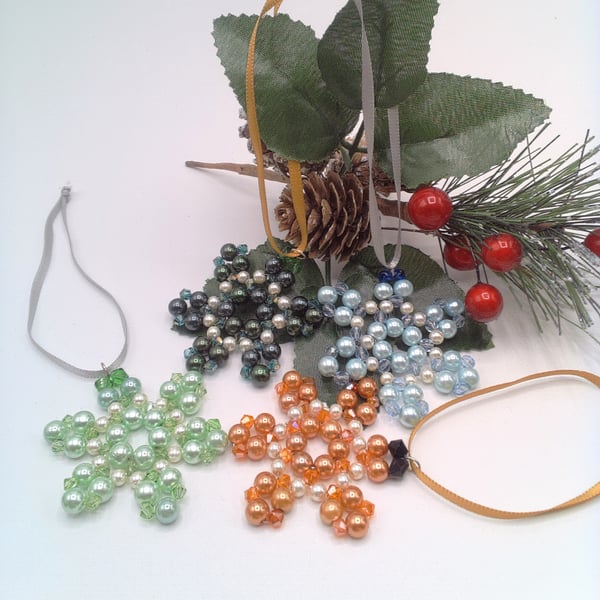 Pearl and Crystal Snowflake Christmas Tree Decorations, Christmas 