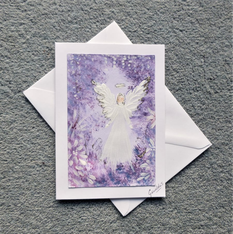 original hand painted angel blank greetings card ( ref F 659 C3)