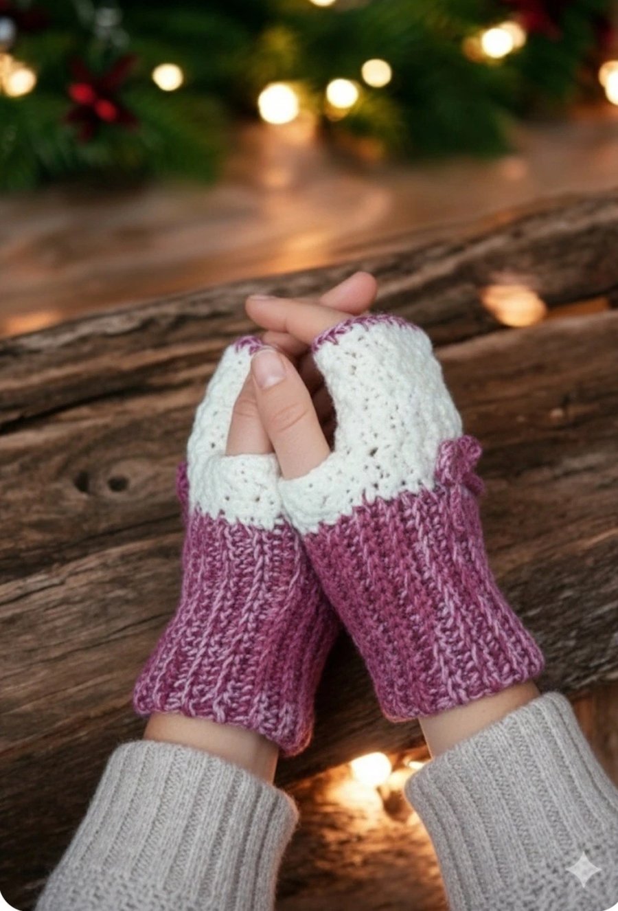Handmade Crochet Finger-less Gloves Chunky Cream Pink One Size New
