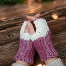Handmade Crochet Fingerless Gloves Pink White Wrist Warmers Bow Winter Gift