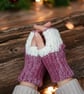 Handmade Crochet Fingerless Gloves Pink White Wrist Warmers Bow Winter Gift
