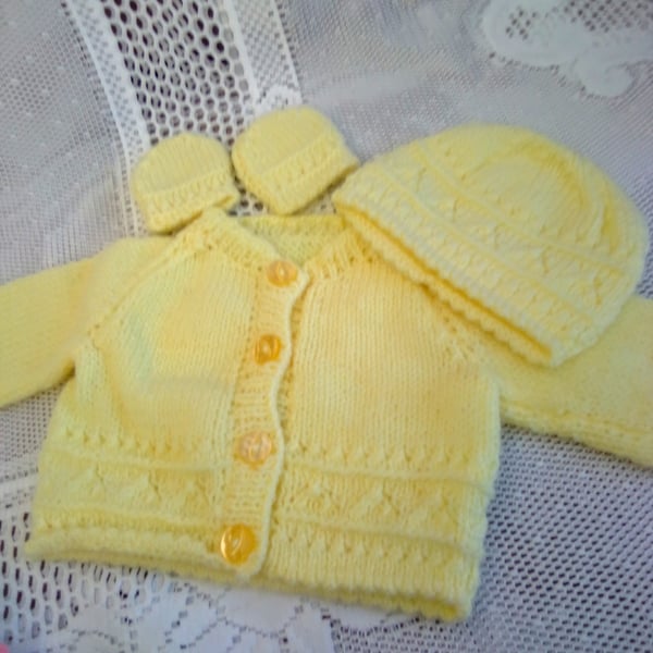 Baby's Cardigan Hat and Mittens Set, Baby Shower Gift, Prem Baby Sizes Available