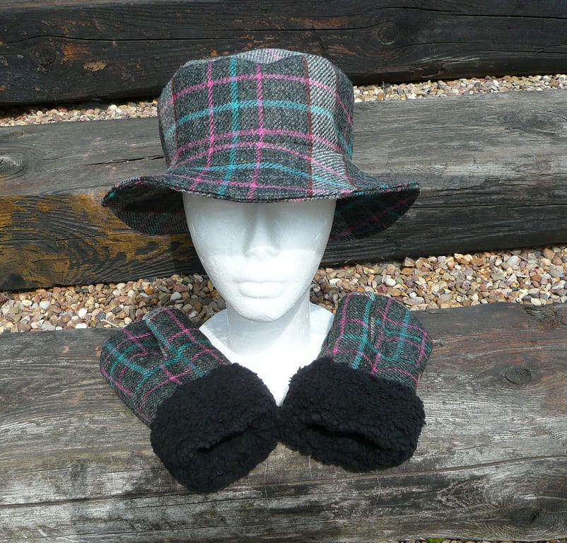 Bucket hat ladies gloves set black teal and pink check tweed hat and gloves set