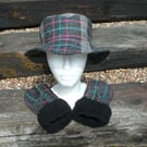 Bucket hat ladies gloves set black teal and pink check tweed hat and gloves set