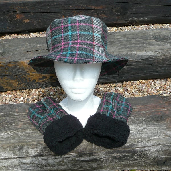 Bucket hat ladies gloves set black teal and pink check tweed hat and gloves set