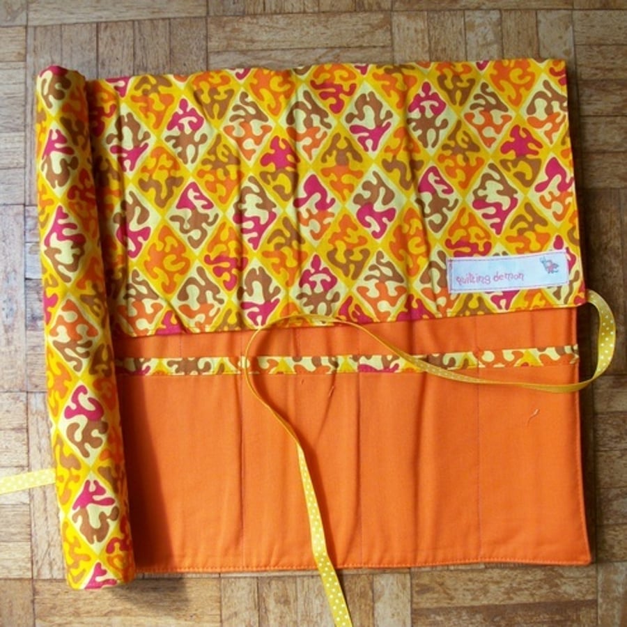 Roll Up Knitting Needle Case in Orange and Yellow