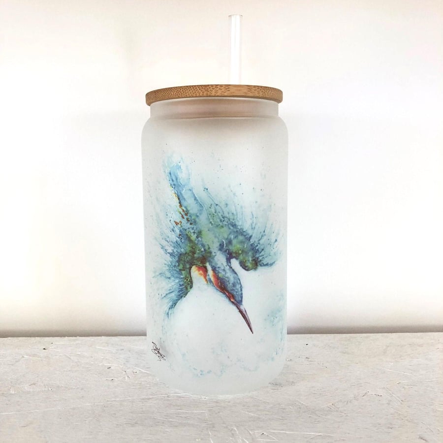 Kingfisher Frosted Glass Tumbler with Bamboo Lid & Straw, 500ml Can Drinks Glass
