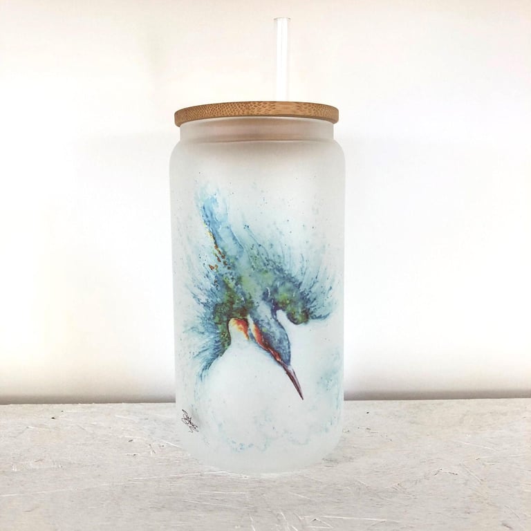 Kingfisher Frosted Glass Tumbler with Bamboo Lid & Straw, 500ml Can Drinks Glass