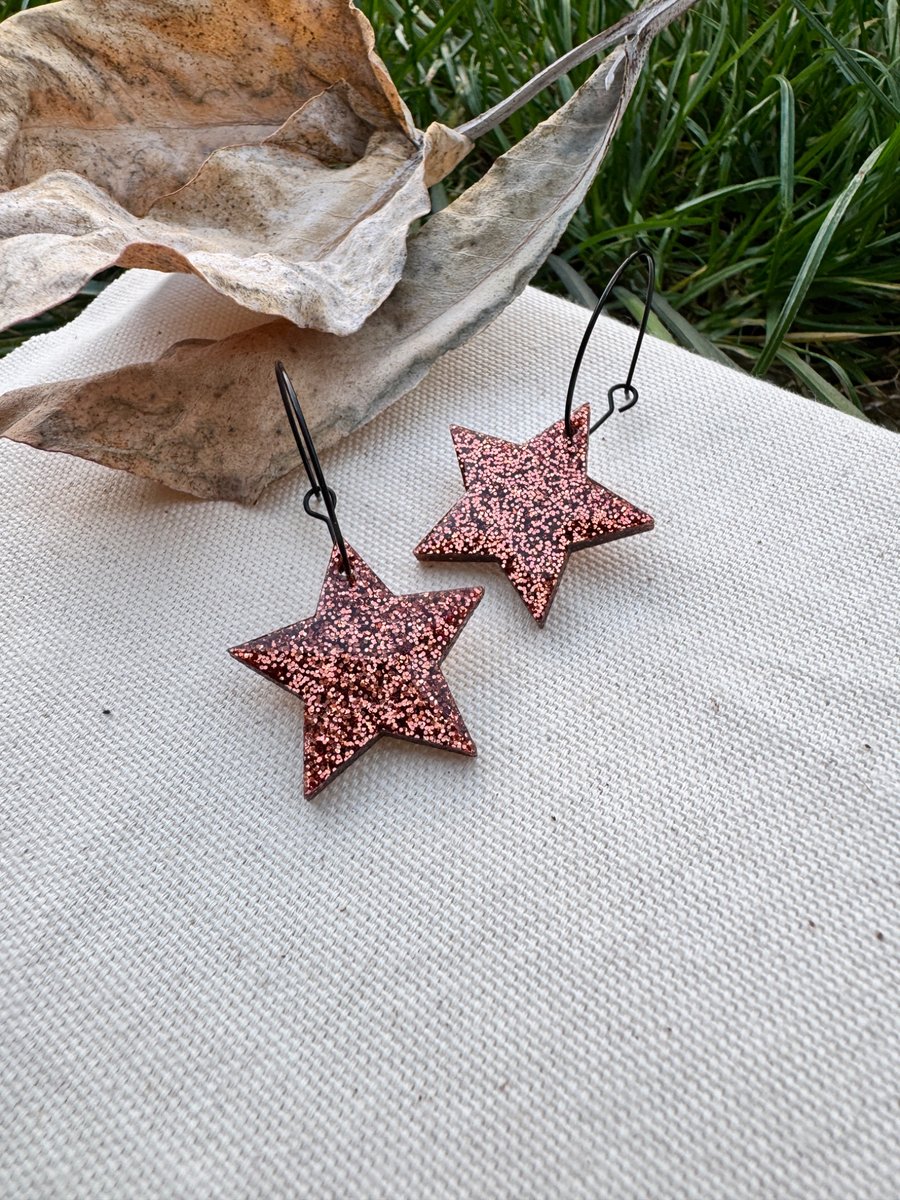 Bronze Glitter Star Hoop Earrings - Acrylic Dangles