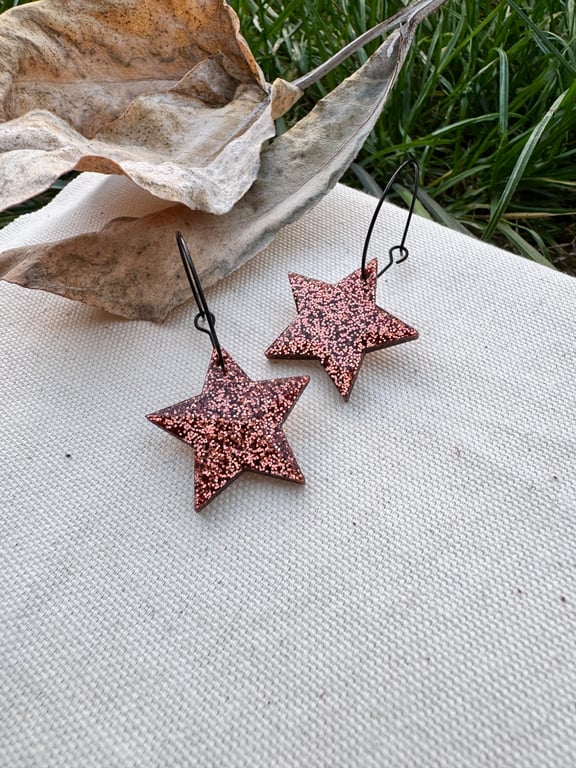 Bronze Glitter Star Hoop Earrings - Acrylic Dangles