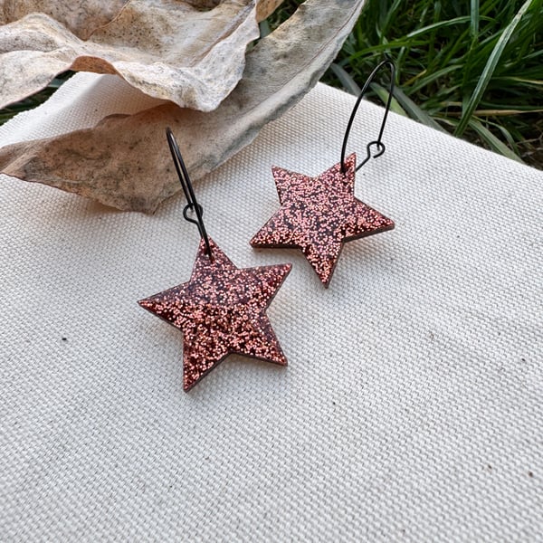Bronze Glitter Star Hoop Earrings - Acrylic Dangles