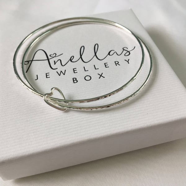 Sterling Silver Bangle Set, Heart Charm Bangles, Silver Bracelets, Plain Bangles