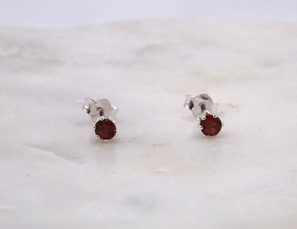 Garnet Facet 3mm Gemstone Sterling Silver Stud Earrings.