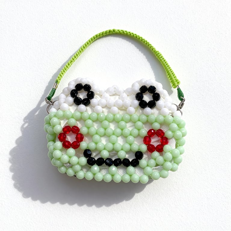 Handmade Beaded Keroppi Purse with Detachable Macrame Strap