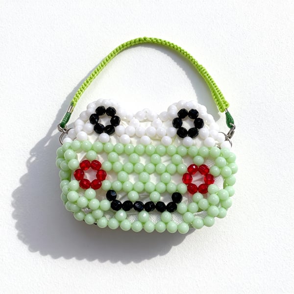 Handmade Beaded Keroppi Purse with Detachable Macrame Strap