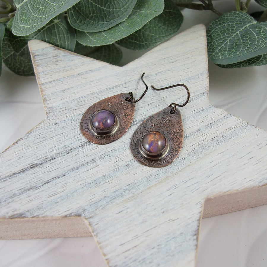 Earrings, Copper Droppers. Stamped Stars and Purple Marbled Clay Element