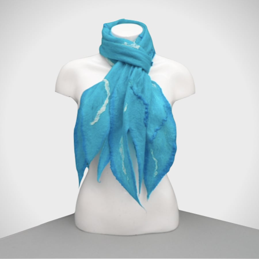 Turquoise cobweb felt scarf, gift boxed,merino wool with silk embellishment