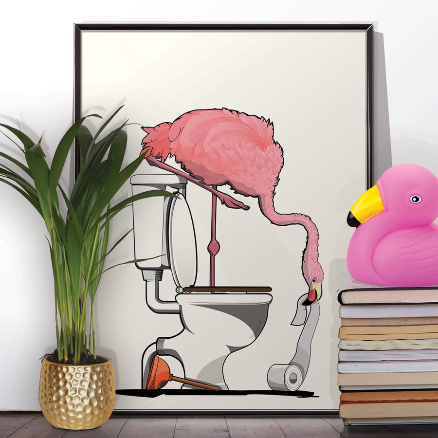 Flamingo on the toilet, Bathroom Bath & Toilet Restroom  Funny Toilet art