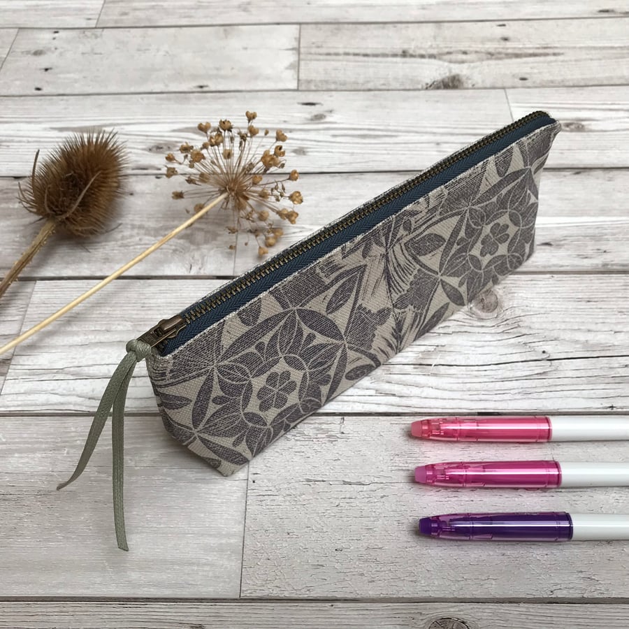 Hand Printed Linen Pencil Case, Brush Case, Cosmetic Bag