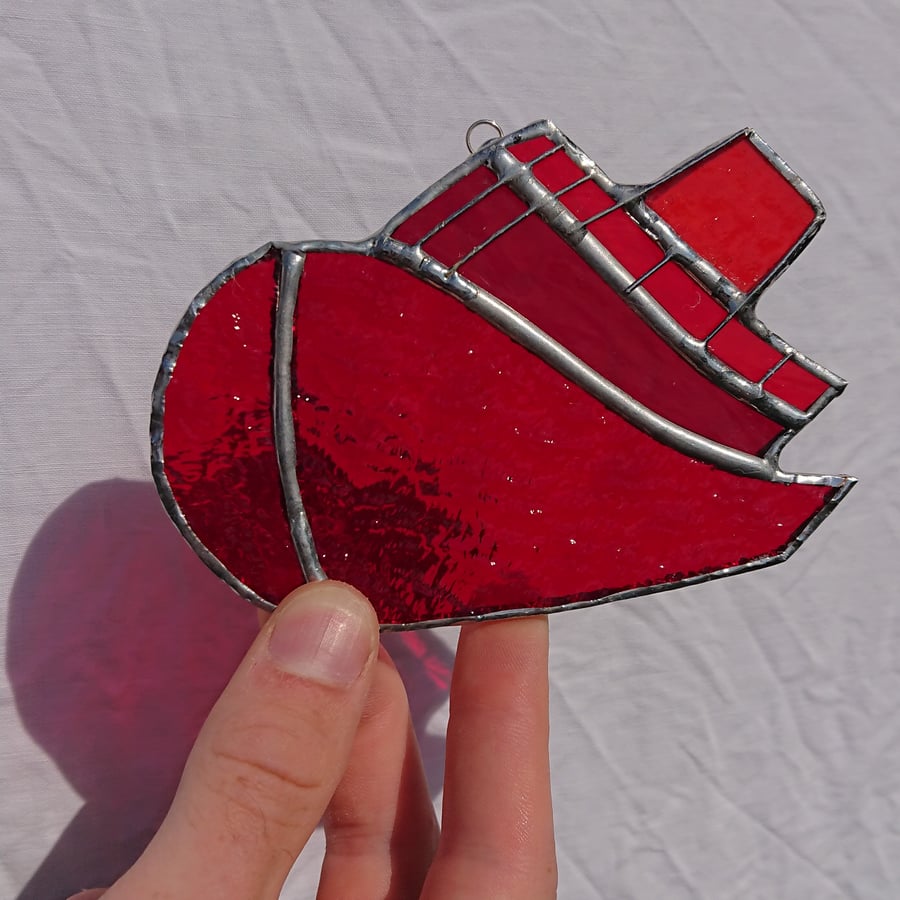 Stained glass tugboat blue, green or red  suncatcher hanging decoration. 