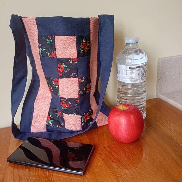 Patchwork bag. Navy blue and peach. Internal pocket.