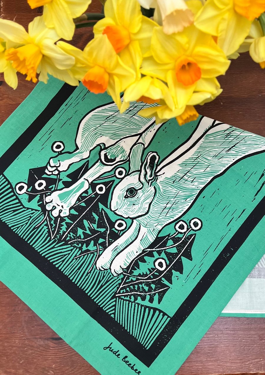 "Leap for Joy" tea towel - rabbit screen print in teal and black inks