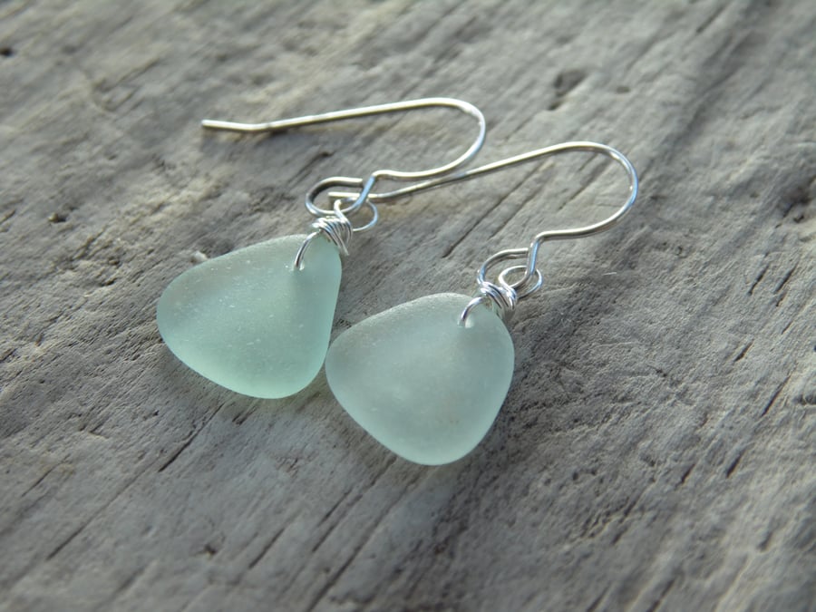 Pale Green Cornish Sea Glass Earrings, Sterling Silver St Mawes E682