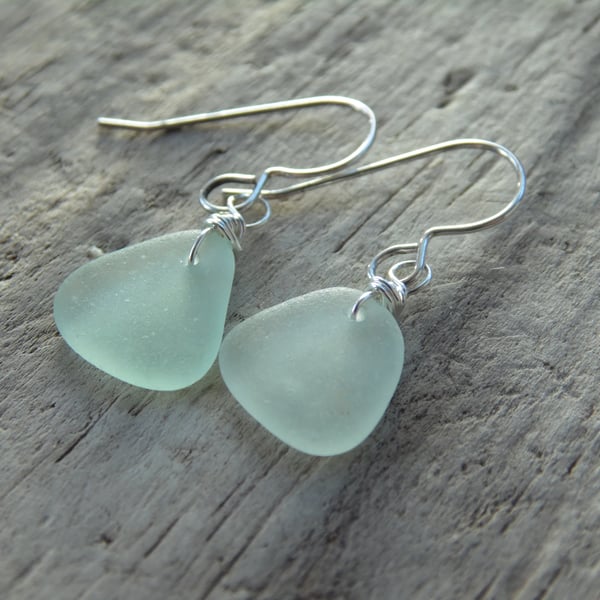 Pale Green Cornish Sea Glass Earrings, Sterling Silver St Mawes E682