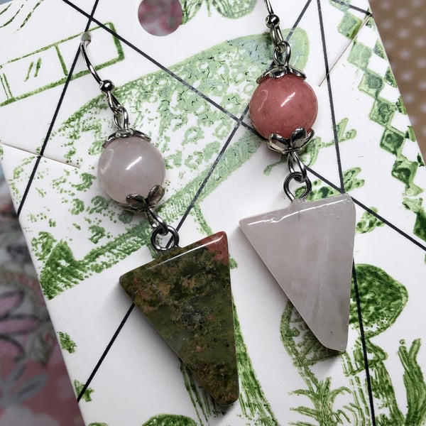 Mismatched triangle gemstone earrings - Rose Quartz, Beryl and Unakite