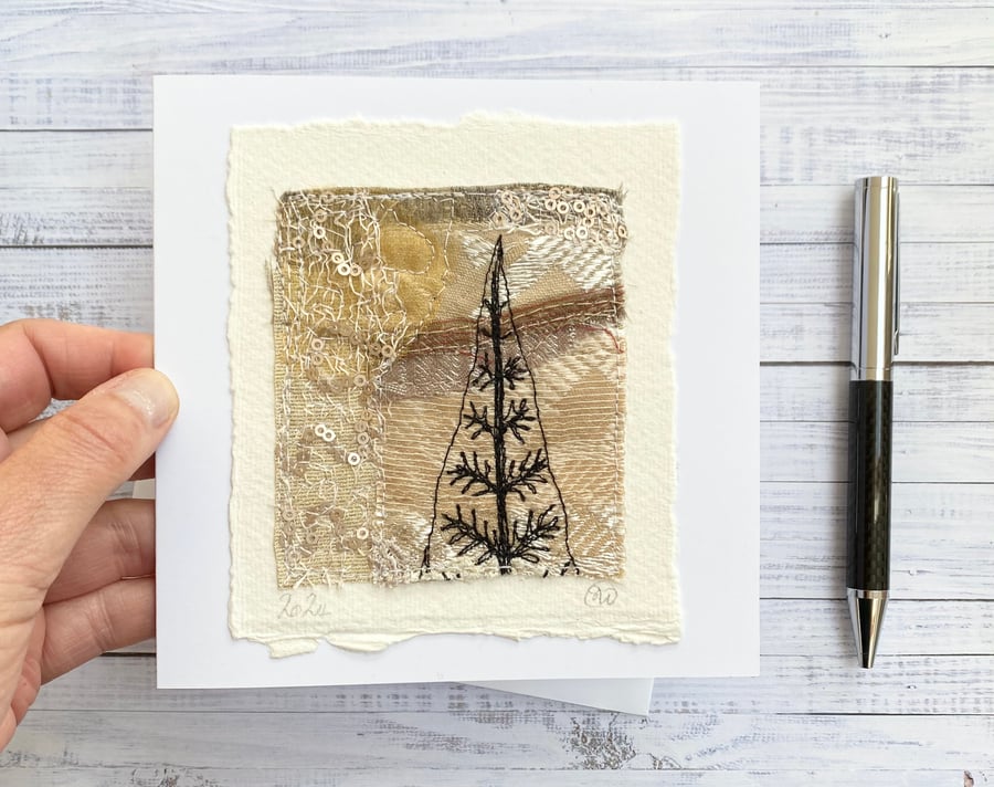 Handmade up-cycled embroidered leaf art card. 