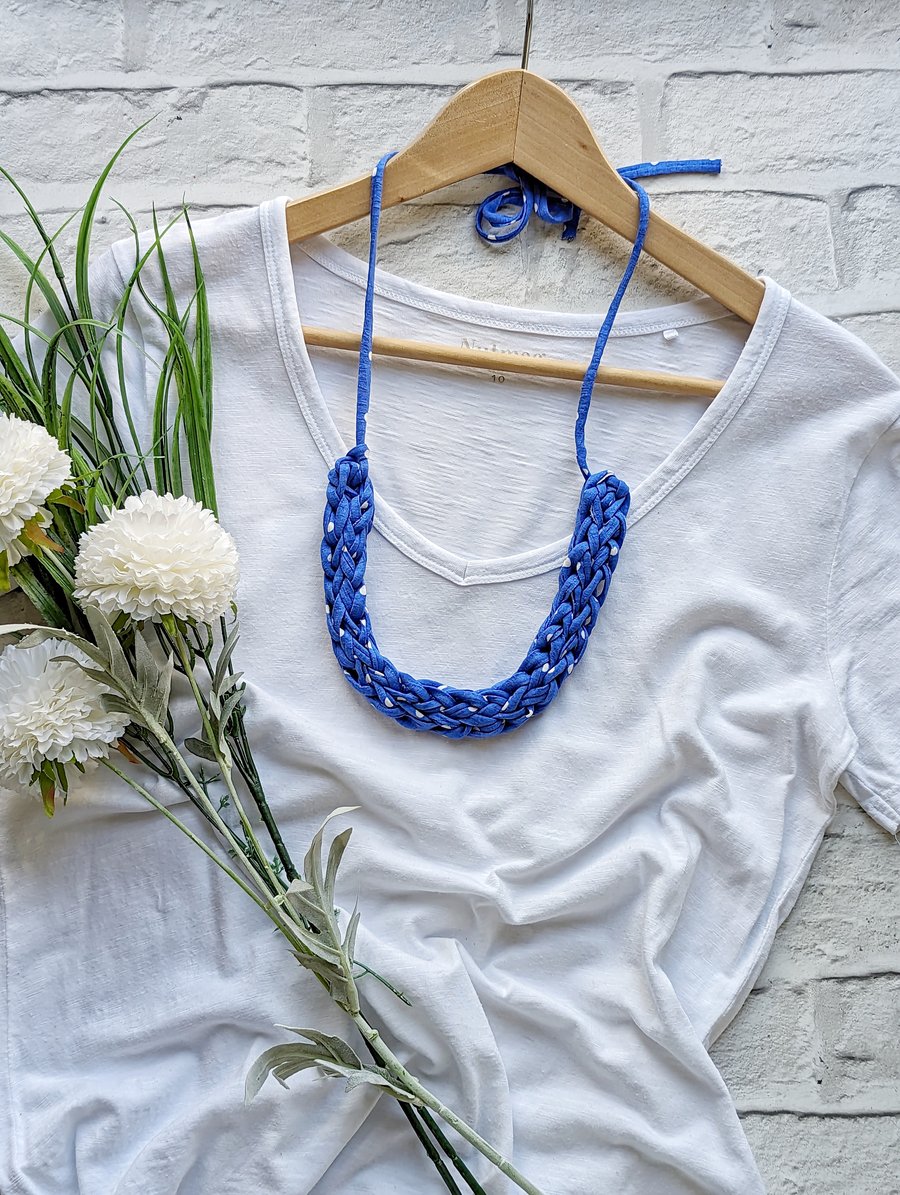 Royal Blue & White Polka Dot Woven Necklace - T Shirt Yarn